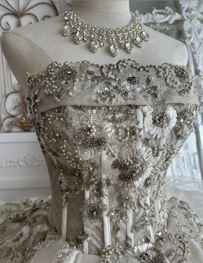 Exquisite Strapless Sequins Wedding Dress Beading Ruffles A-Line Bridal Dress GG7432