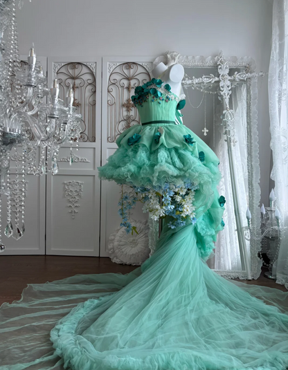 Chic Strapless Green Homecoming Dress Sequins Flowers Tulle A-Line Birthday Dress GG7434