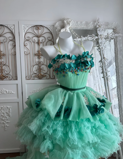 Chic Strapless Green Homecoming Dress Sequins Flowers Tulle A-Line Birthday Dress GG7434