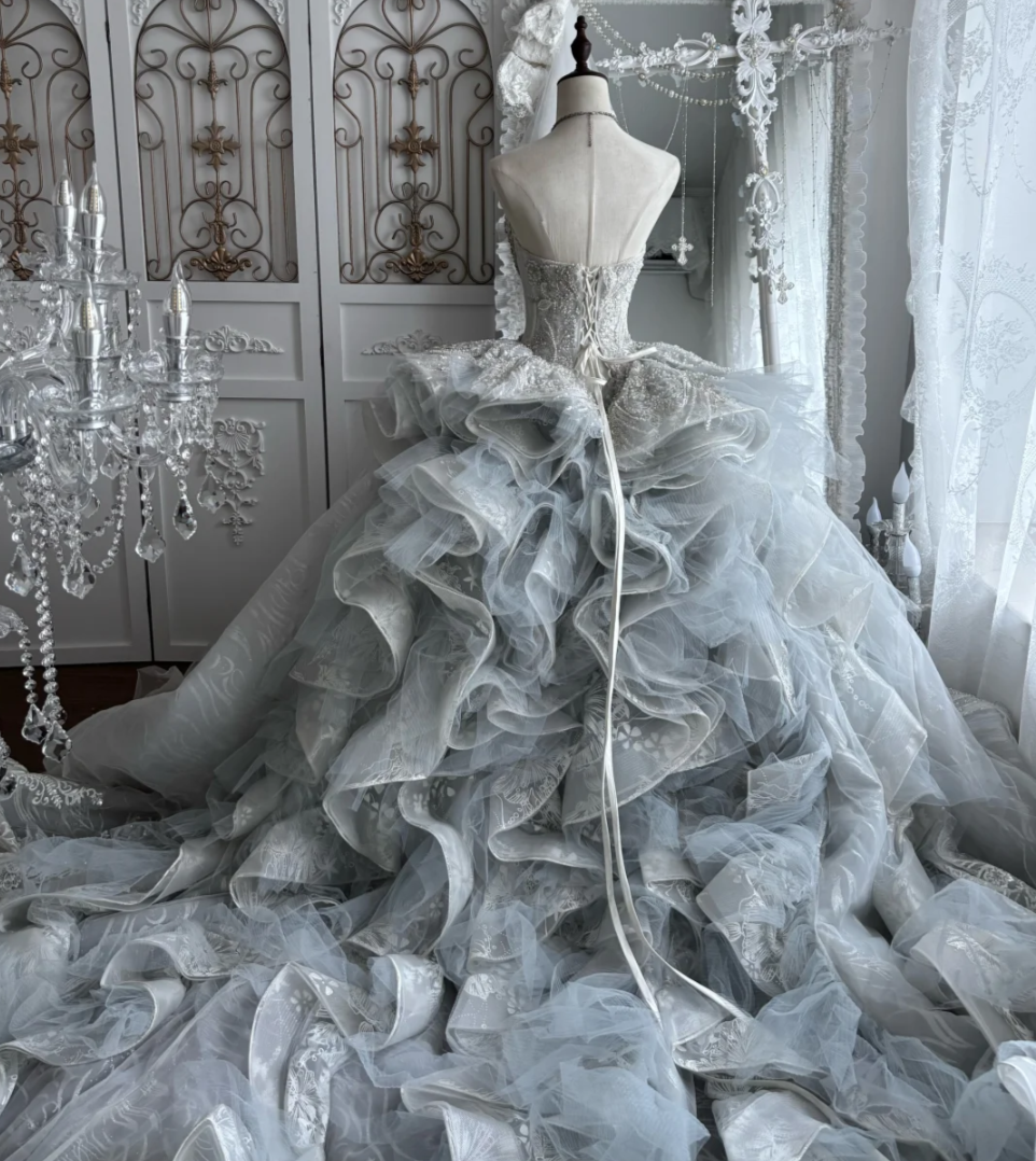 Fascinating Strapless Beading Wedding Dress Ruffles Train A-Line Bridal Dress GG7435