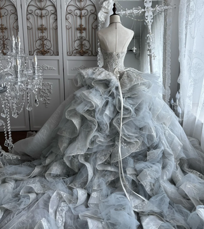 Fascinating Strapless Beading Wedding Dress Ruffles Train A-Line Bridal Dress GG7435