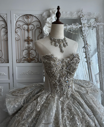 Fascinating Strapless Beading Wedding Dress Ruffles Train A-Line Bridal Dress GG7435