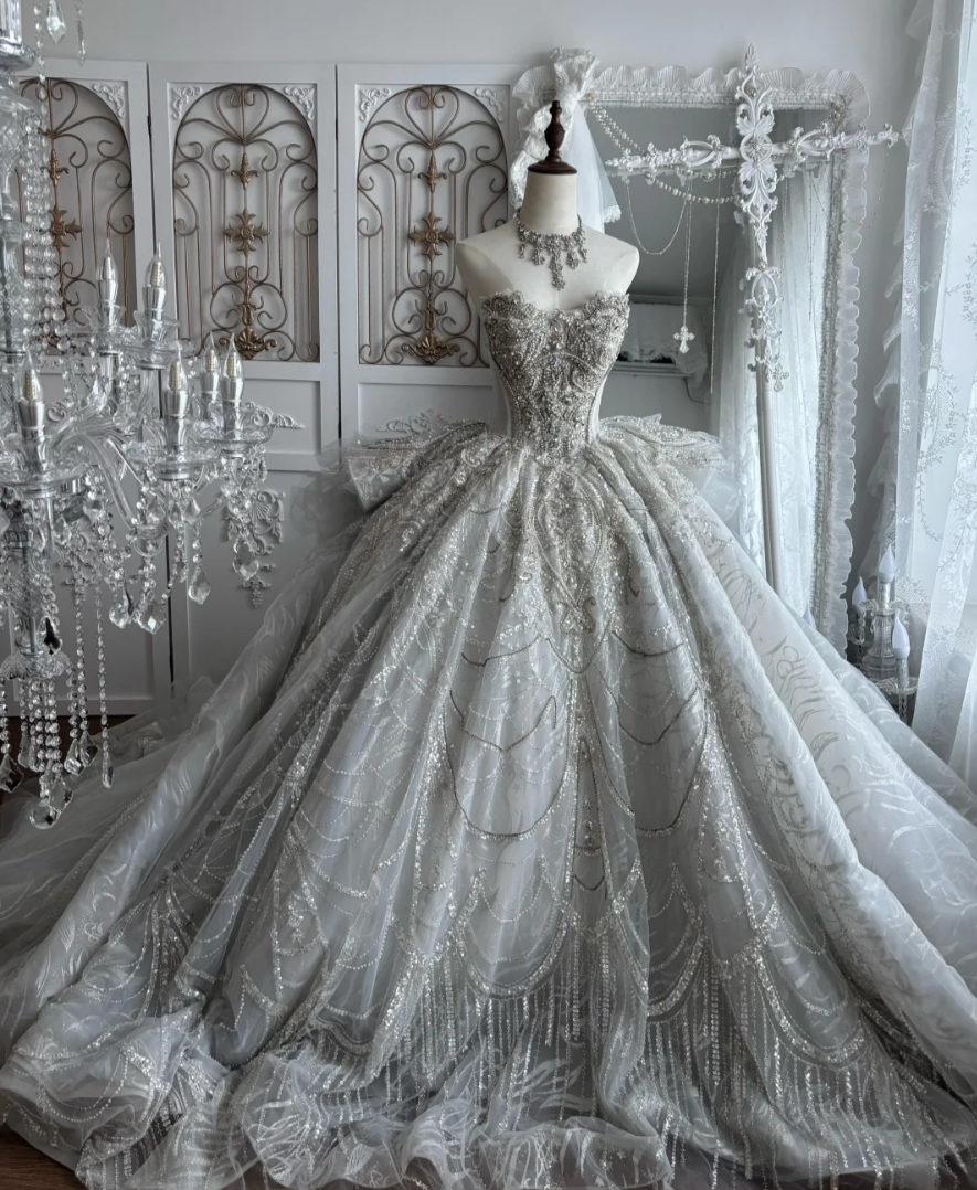 Fascinating Strapless Beading Wedding Dress Ruffles Train A-Line Bridal Dress GG7435