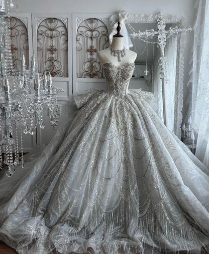Fascinating Strapless Beading Wedding Dress Ruffles Train A-Line Bridal Dress GG7435