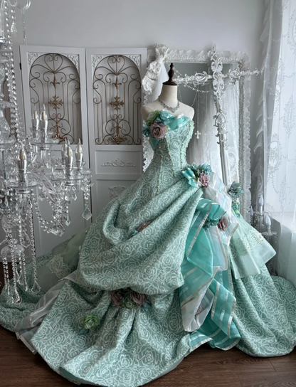 Chic Strapless Green Prom Dress Sequins Floral A-Line Evening Dress GG7436