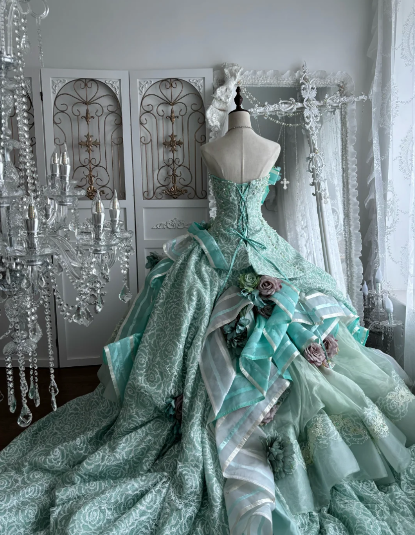 Chic Strapless Green Prom Dress Sequins Floral A-Line Evening Dress GG7436
