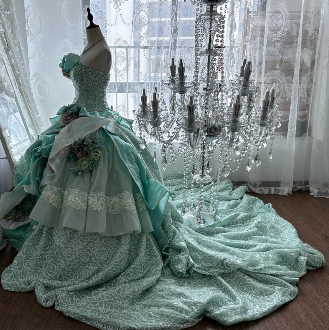 Chic Strapless Green Prom Dress Sequins Floral A-Line Evening Dress GG7436