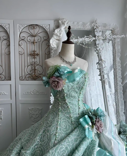Chic Strapless Green Prom Dress Sequins Floral A-Line Evening Dress GG7436