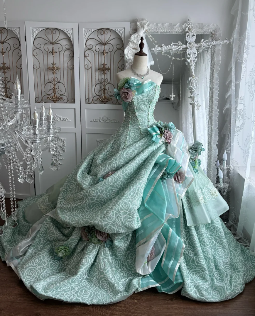 Chic Strapless Green Prom Dress Sequins Floral A-Line Evening Dress GG7436
