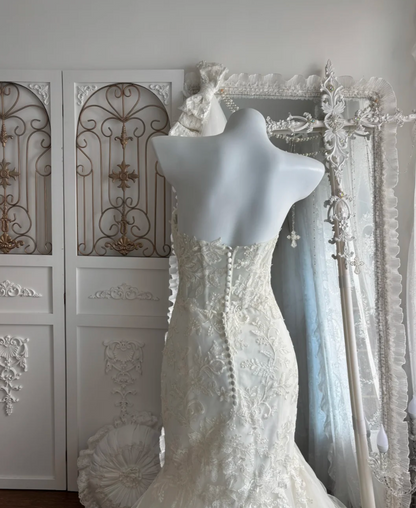 Alluring Strapless Appliques Wedding Dress Tulle Mermaid Bridal Dress GG7439
