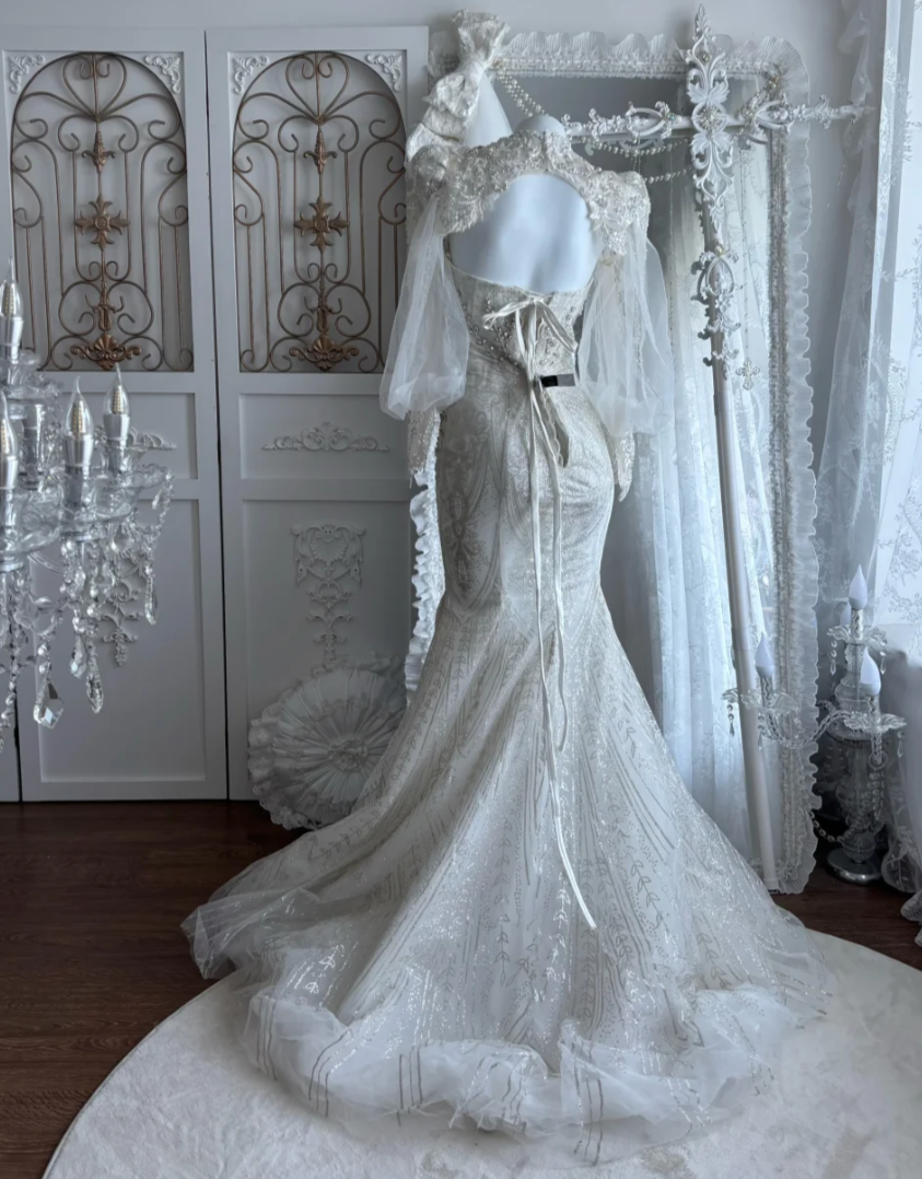 Luxurious Strapless Beading Wedding Dress With Cape Tulle Mermaid Bridal Dress GG7440