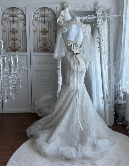 Luxurious Strapless Beading Wedding Dress With Cape Tulle Mermaid Bridal Dress GG7440