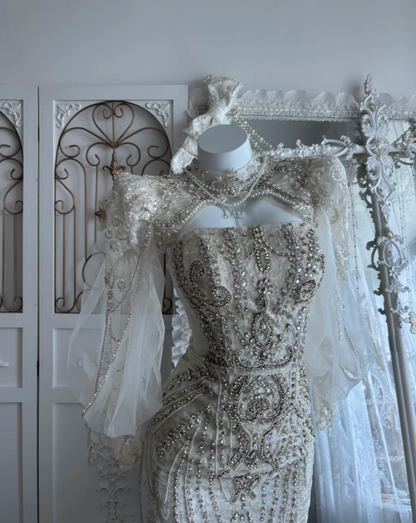 Luxurious Strapless Beading Wedding Dress With Cape Tulle Mermaid Bridal Dress GG7440