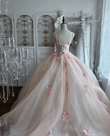Dreamy Spaghetti Straps Prom Dress Appliques Beads Tulle A-Line Evening Dress GG7441