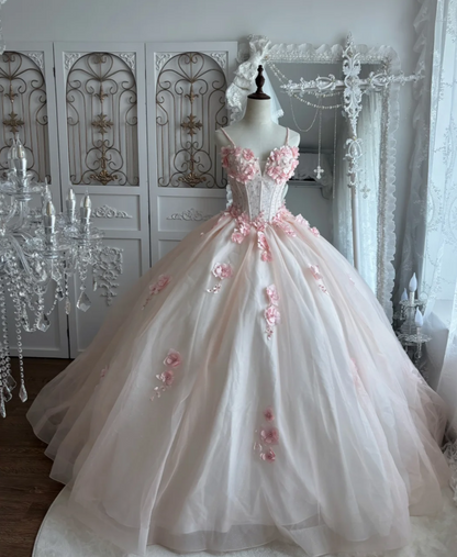 Dreamy Spaghetti Straps Prom Dress Appliques Beads Tulle A-Line Evening Dress GG7441