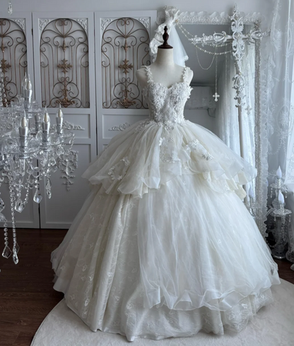 Glamorous Spaghetti Straps Wedding Dress Appliques Tulle A-Line Bridal Dress GG7442