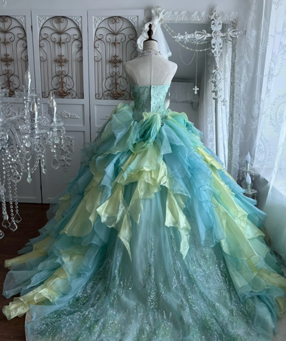 Trendy Strapless Green Prom Dress Handmade Flowers Sequins A-Line Evening Dress GG7443