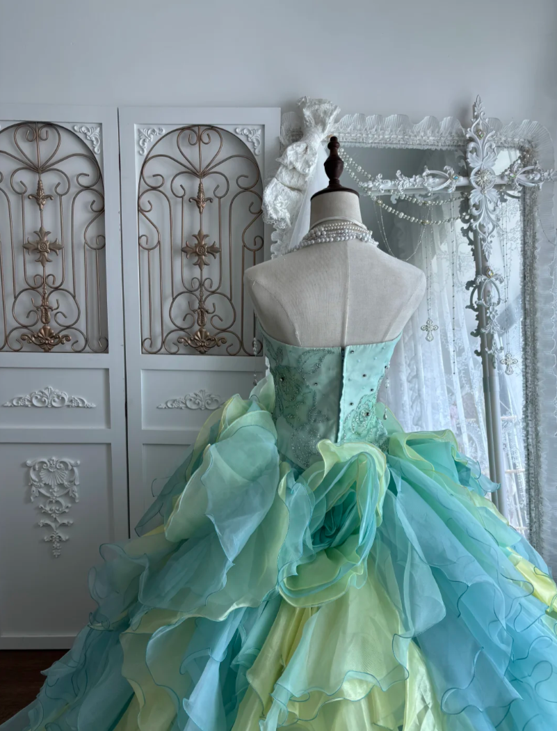 Trendy Strapless Green Prom Dress Handmade Flowers Sequins A-Line Evening Dress GG7443