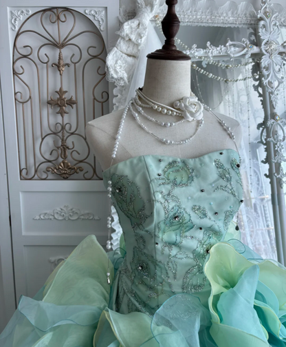 Trendy Strapless Green Prom Dress Handmade Flowers Sequins A-Line Evening Dress GG7443