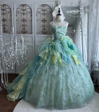 Trendy Strapless Green Prom Dress Handmade Flowers Sequins A-Line Evening Dress GG7443