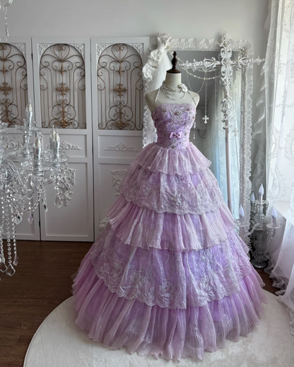 Gorgeous Strapless Purple Prom Dress Sequins Tiered A-Line Evening Dress GG7444