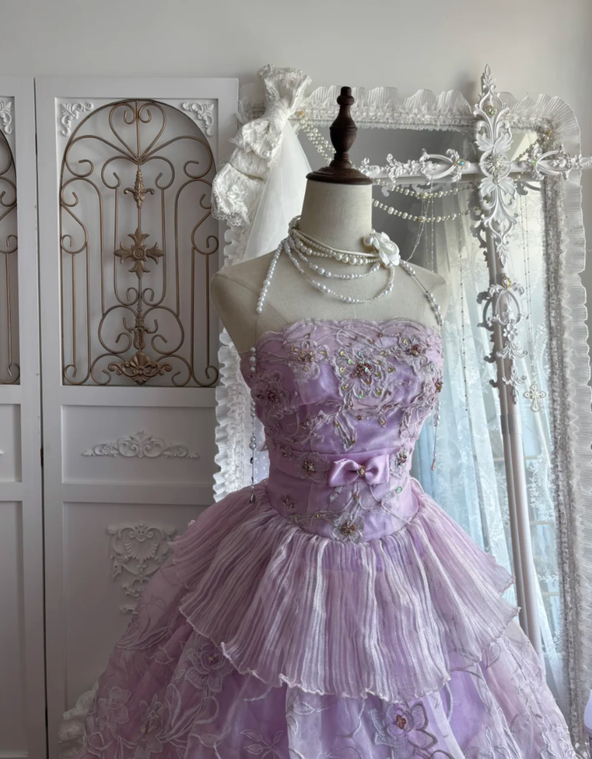 Gorgeous Strapless Purple Prom Dress Sequins Tiered A-Line Evening Dress GG7444