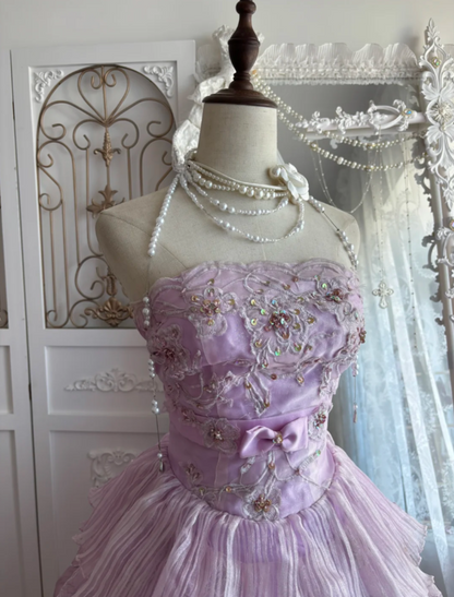 Gorgeous Strapless Purple Prom Dress Sequins Tiered A-Line Evening Dress GG7444