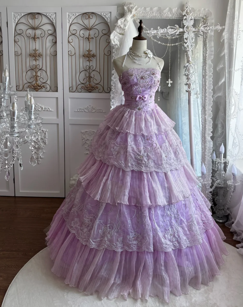 Gorgeous Strapless Purple Prom Dress Sequins Tiered A-Line Evening Dress GG7444