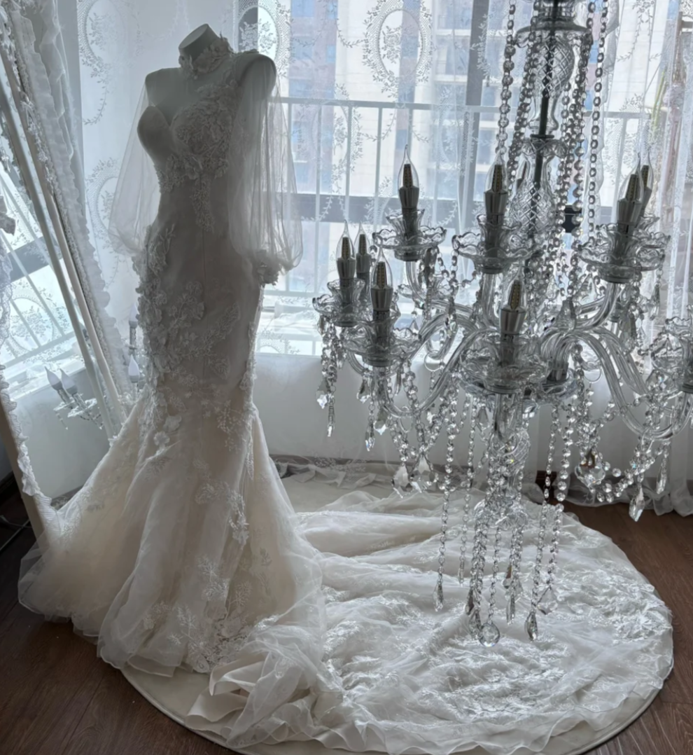 Lovely High Collar Appliques Wedding Dress Long Sleeve Mermaid Bridal Dress GG7445