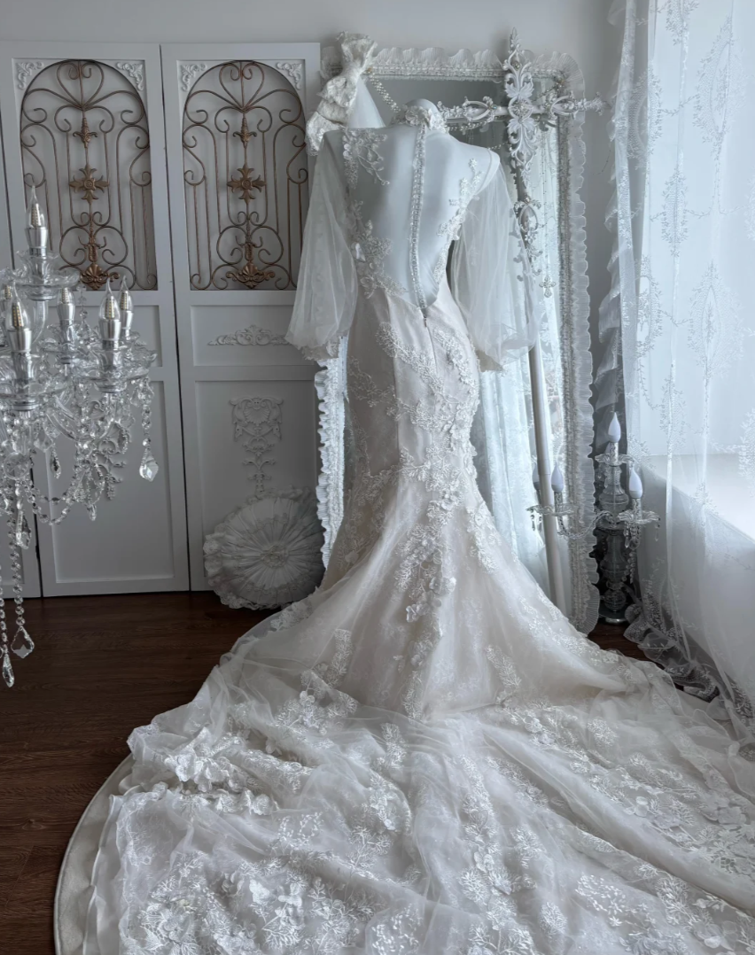 Lovely High Collar Appliques Wedding Dress Long Sleeve Mermaid Bridal Dress GG7445