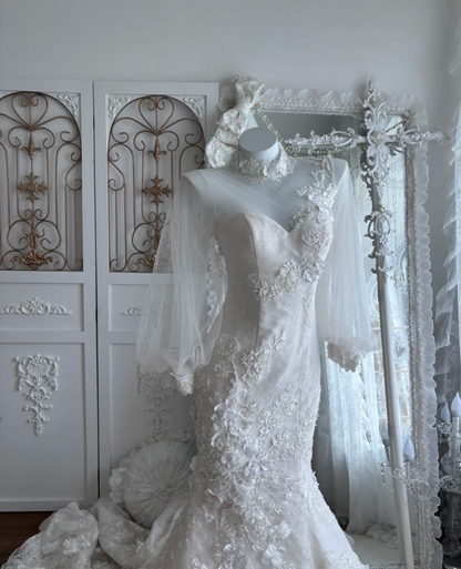 Lovely High Collar Appliques Wedding Dress Long Sleeve Mermaid Bridal Dress GG7445