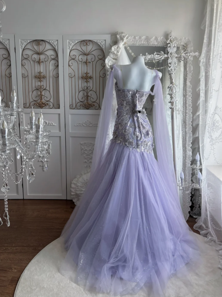 Dreamy Spaghetti Straps Prom Dress Purple Beading Tulle Mermaid Evening Dress GG7446