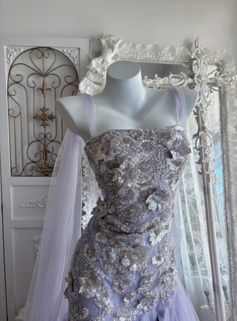 Dreamy Spaghetti Straps Prom Dress Purple Beading Tulle Mermaid Evening Dress GG7446