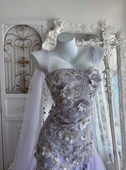 Dreamy Spaghetti Straps Prom Dress Purple Beading Tulle Mermaid Evening Dress GG7446