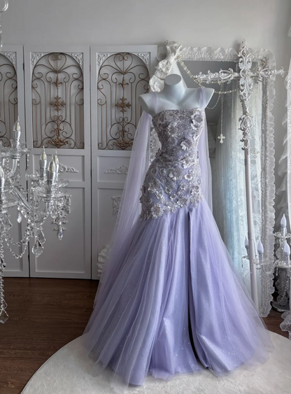 Dreamy Spaghetti Straps Prom Dress Purple Beading Tulle Mermaid Evening Dress GG7446