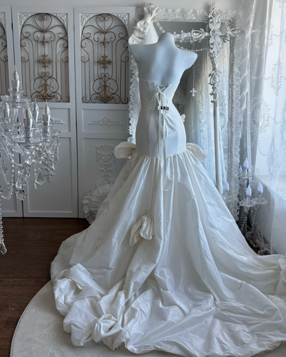 Graceful Strapless Satin Wedding Dress Bows Mermaid Bridal Dress GG7448