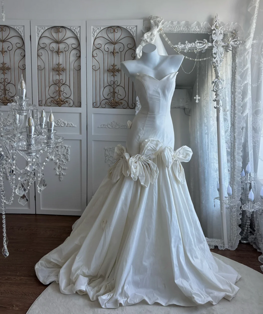 Graceful Strapless Satin Wedding Dress Bows Mermaid Bridal Dress GG7448
