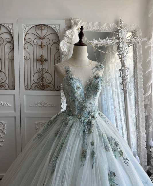 Unique illusion Neck Green Prom Dress Beading Tulle A-Line Evening Dress GG7449