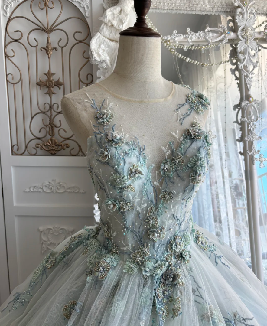 Unique illusion Neck Green Prom Dress Beading Tulle A-Line Evening Dress GG7449