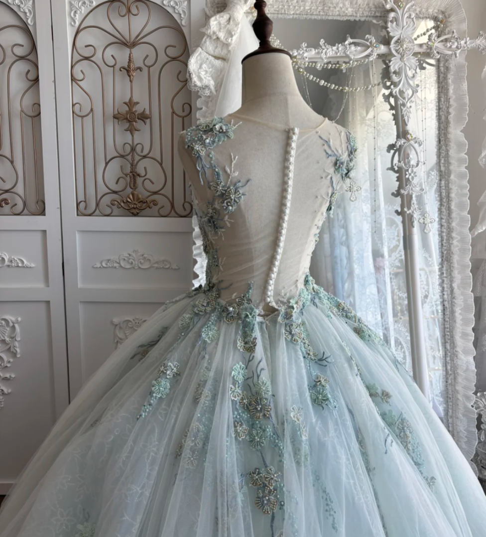 Unique illusion Neck Green Prom Dress Beading Tulle A-Line Evening Dress GG7449
