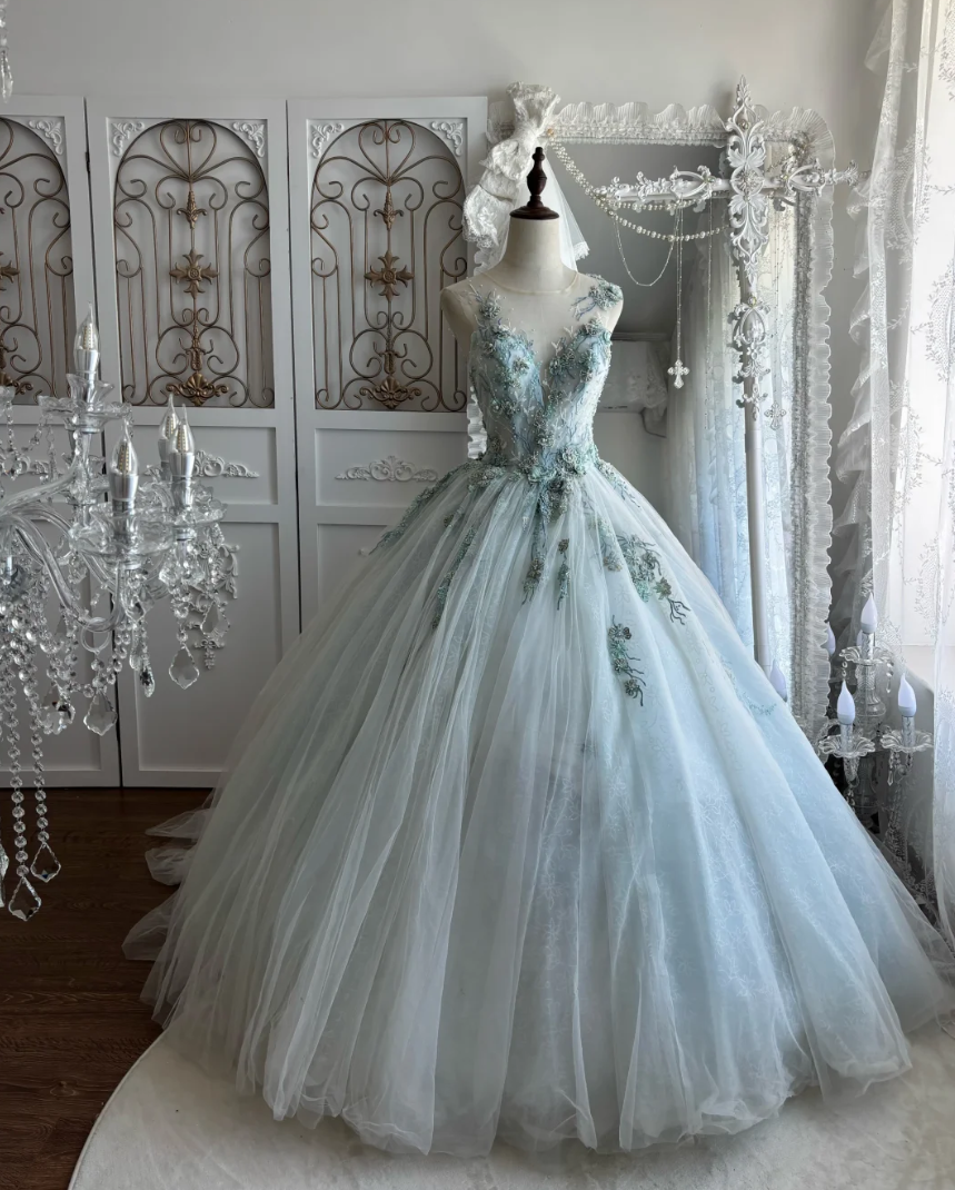 Unique illusion Neck Green Prom Dress Beading Tulle A-Line Evening Dress GG7449