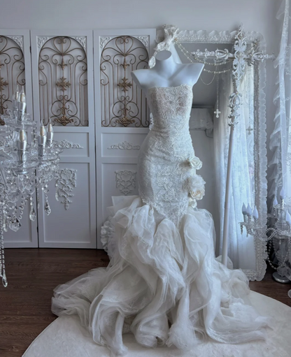 Fascinating Strapless Lace Wedding Dress Ruffles Floral Mermaid Bridal Dress GG7450