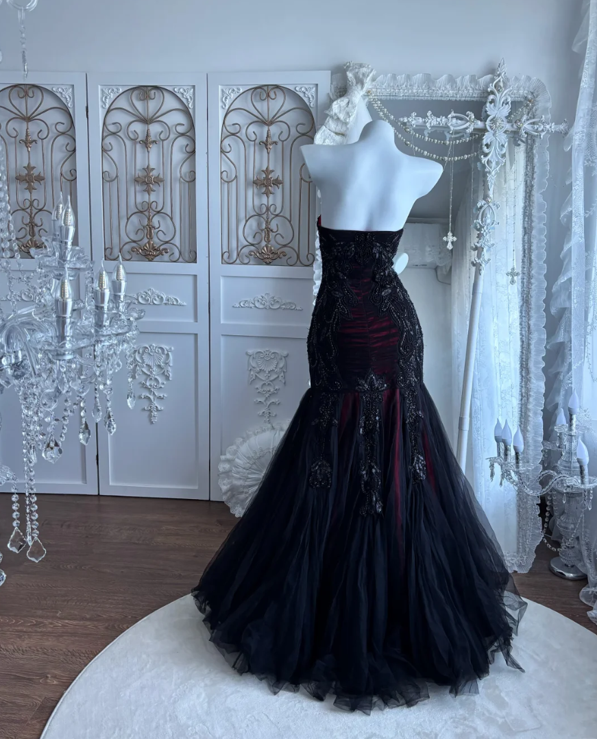 Gothic Strapless Black Prom Dress Sequins Tulle Mermaid Evening Dress GG7453