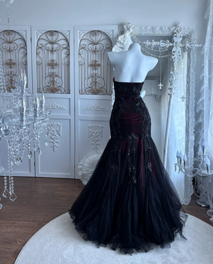 Gothic Strapless Black Prom Dress Sequins Tulle Mermaid Evening Dress GG7453