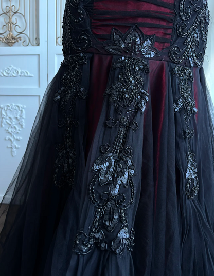 Gothic Strapless Black Prom Dress Sequins Tulle Mermaid Evening Dress GG7453