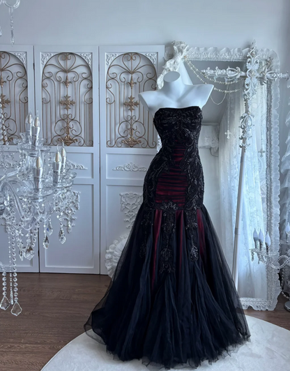 Gothic Strapless Black Prom Dress Sequins Tulle Mermaid Evening Dress GG7453