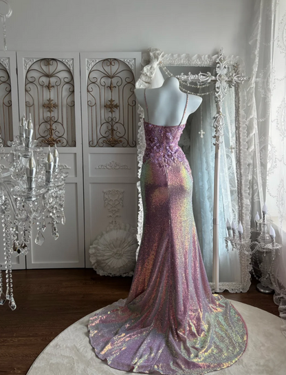 Glittering Spaghetti Straps Prom Dress Purple Sequins Slit Mermaid Evening Dress GG7454