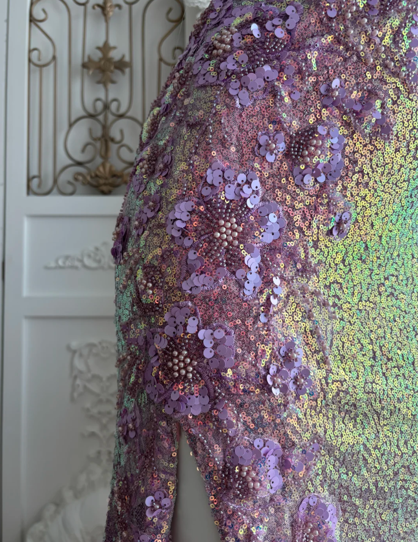 Glittering Spaghetti Straps Prom Dress Purple Sequins Slit Mermaid Evening Dress GG7454