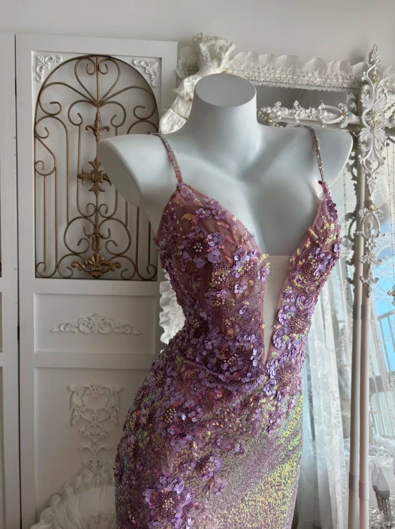 Glittering Spaghetti Straps Prom Dress Purple Sequins Slit Mermaid Evening Dress GG7454
