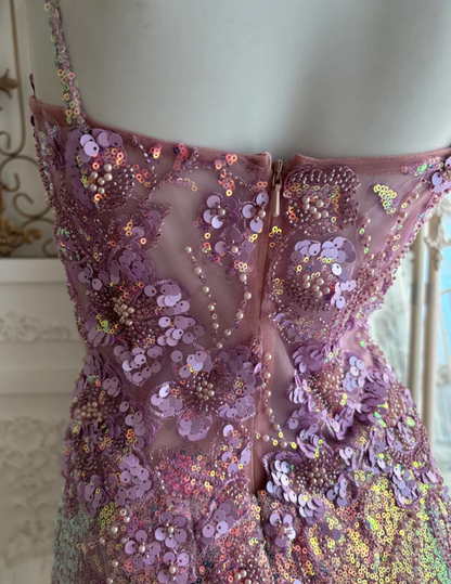 Glittering Spaghetti Straps Prom Dress Purple Sequins Slit Mermaid Evening Dress GG7454